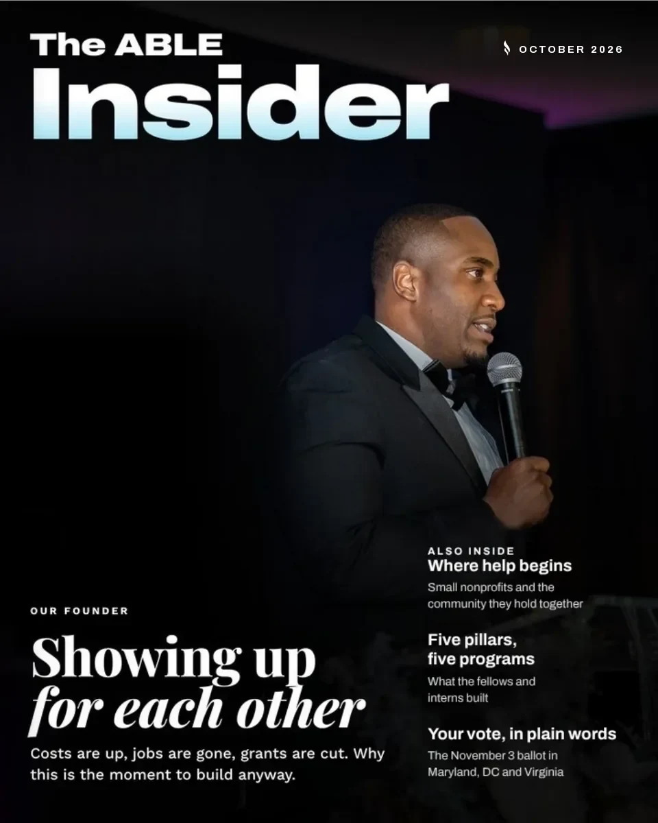 The cover of The ABLE Insider, October 2026: Andra Howard speaking at the ABLE Legacy Gala