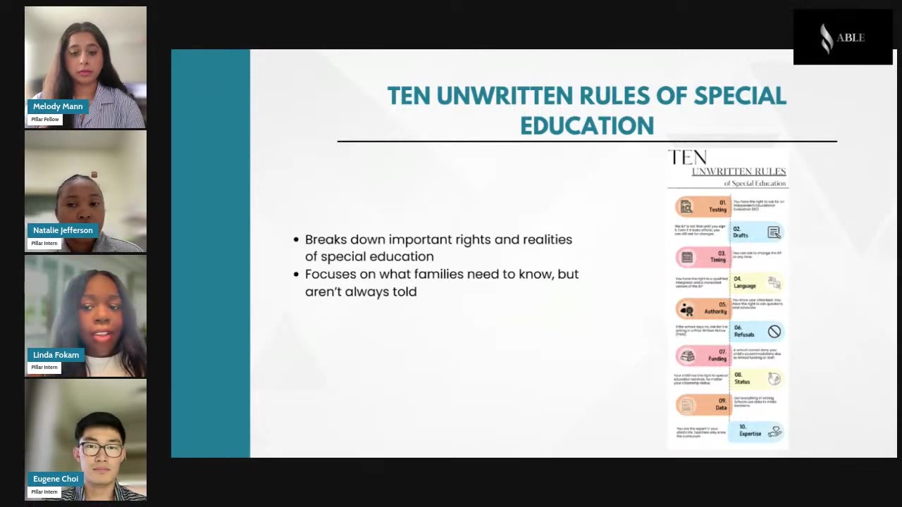 Linda Fokam presenting the Ten Unwritten Rules of Special Education slide in the Guiding Hands webinar