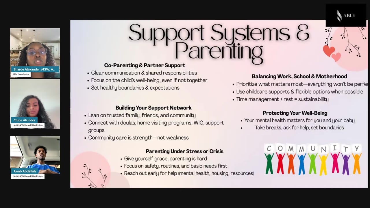 Shardé Alexander presenting the Support Systems and Parenting slide in the workshop